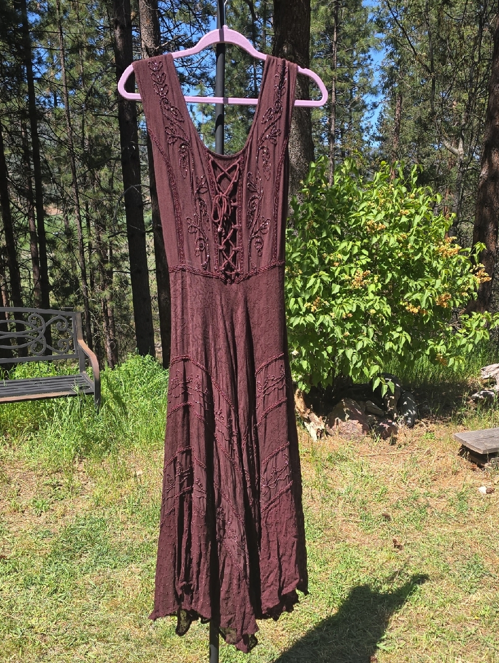 Boho Lace-Up Sleeveless Maxi Dress in Deep Burgundy